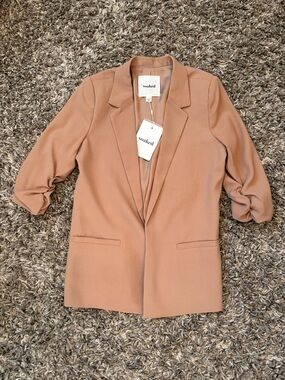 Soaked Blush Tan Ruched-Sleeve Open Blazer Jacket